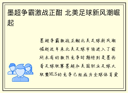 墨超争霸激战正酣 北美足球新风潮崛起